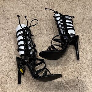 Elegant Black Patent Leather Lace-Up Heels
